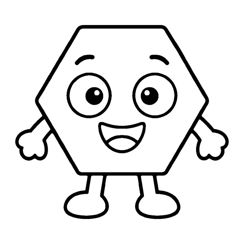Line drawing of a smiling six-sided hexagon with arms and legs