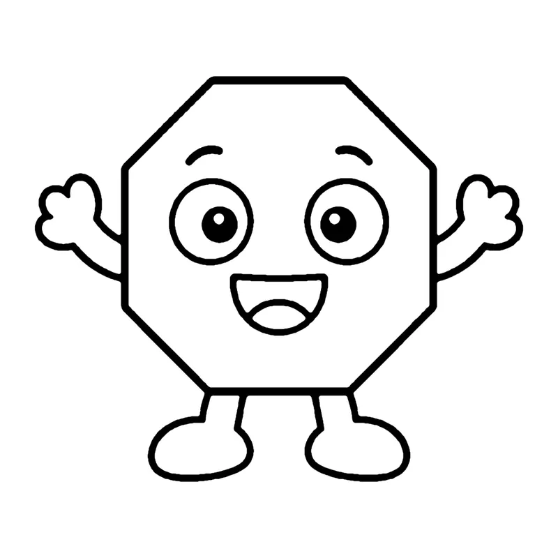 Line drawing of a smiling eight-sided octagon with arms raised and two feet
