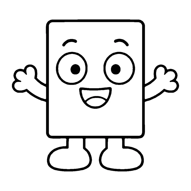 Line drawing of a smiling tall rectangle with arms waving and two feet