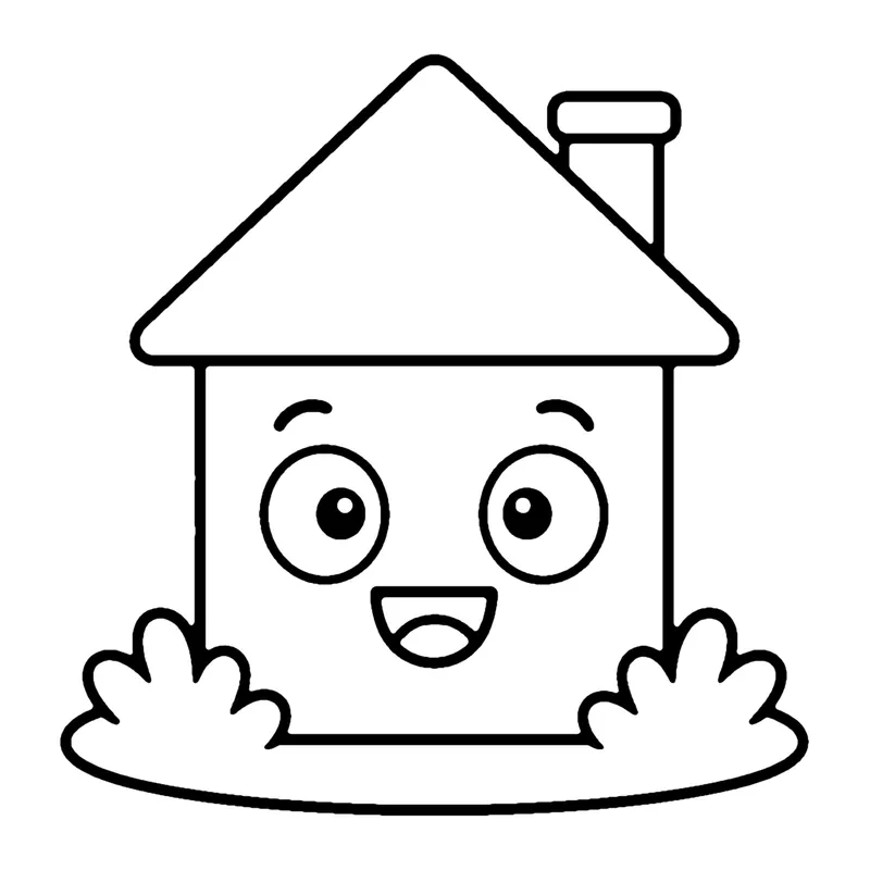 Line drawing of a smiling house made of a triangle roof, a square body and a rectangle chimney