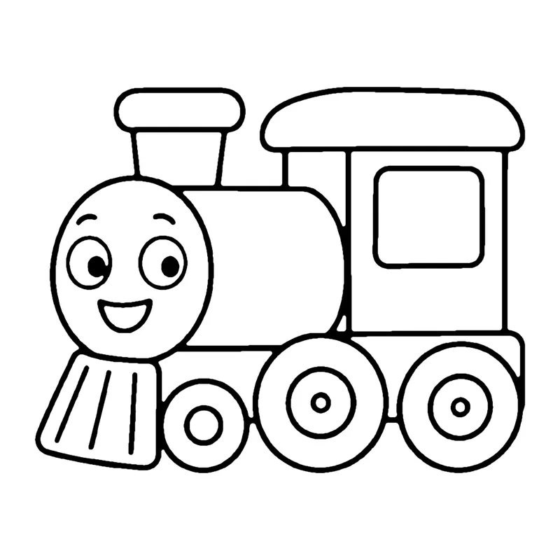 Line drawing of a smiling toy train engine built from circles, rectangles and squares