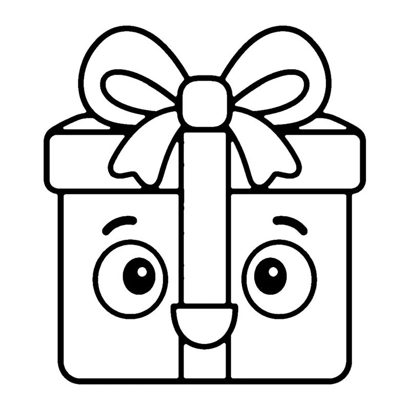 Line drawing of a smiling square gift box tied with a ribbon and a big bow