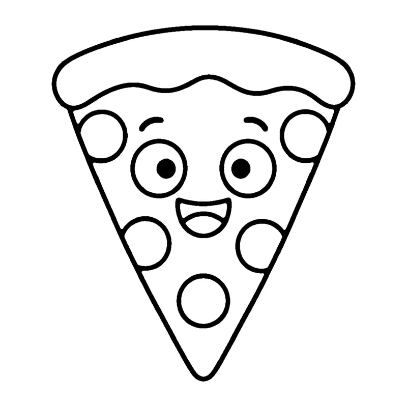 Line drawing of a smiling triangle-shaped pizza slice with round toppings