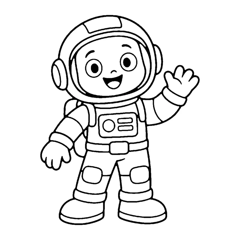 Line drawing of a smiling child astronaut in a full space suit and helmet, waving one gloved hand