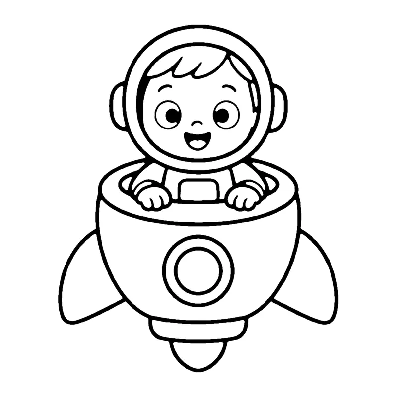 Line drawing of a smiling little astronaut in a helmet peeking out of a small round rocket