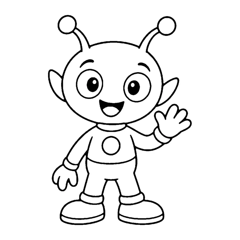 Line drawing of a cheerful little alien with two antennae and pointy ears, waving hello