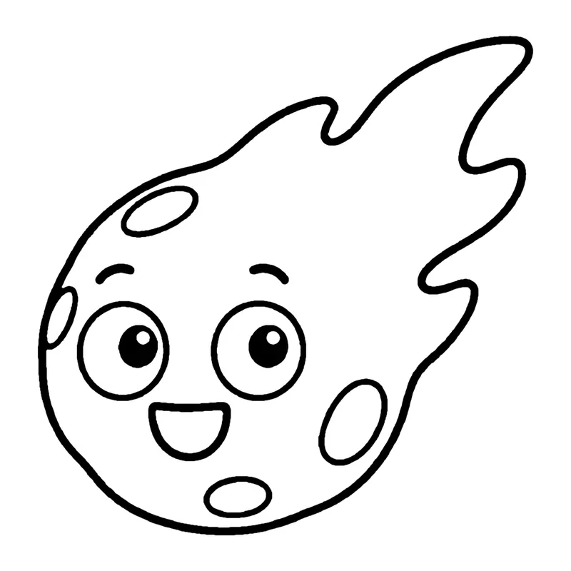 Line drawing of a smiling round meteor with a wavy fiery trail behind it