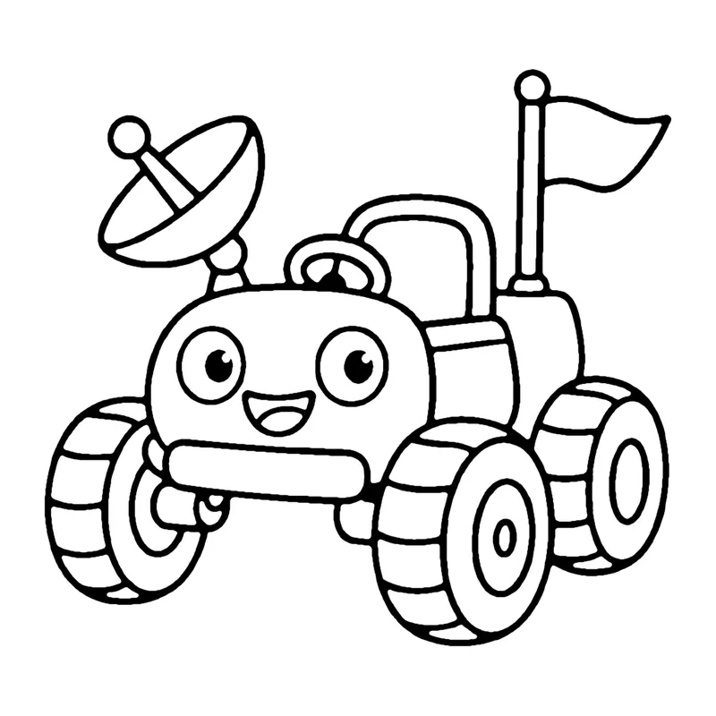 Line drawing of a smiling moon buggy with big wheels, a dish antenna and a flag