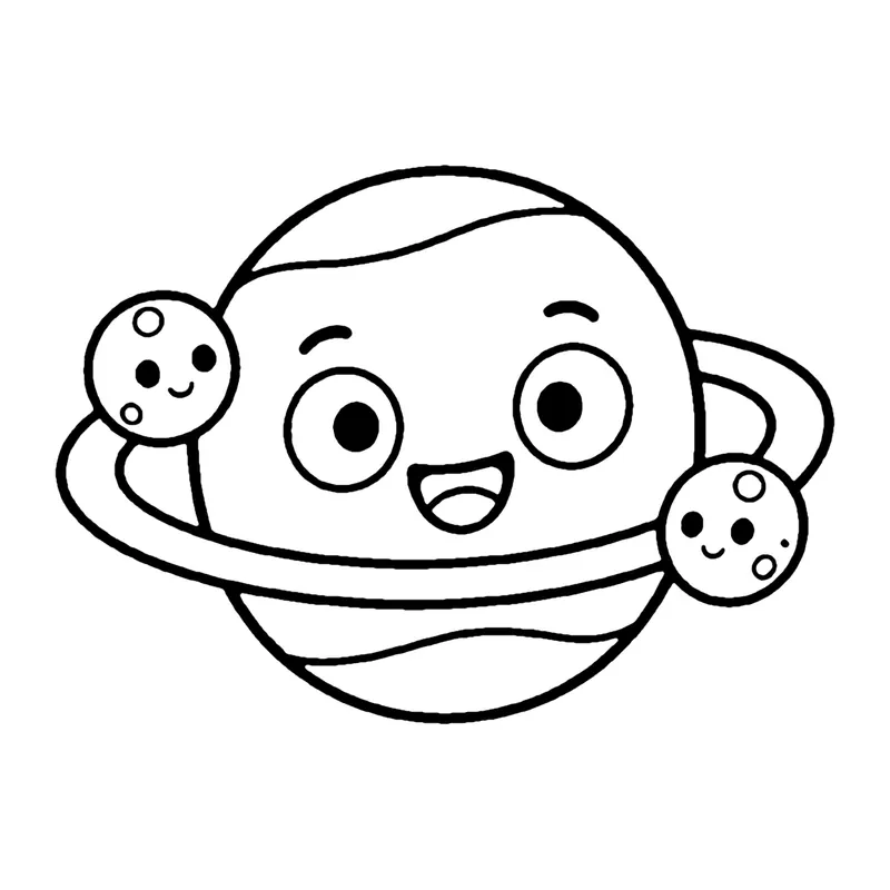Line drawing of a smiling ringed planet with two small smiling moons circling it