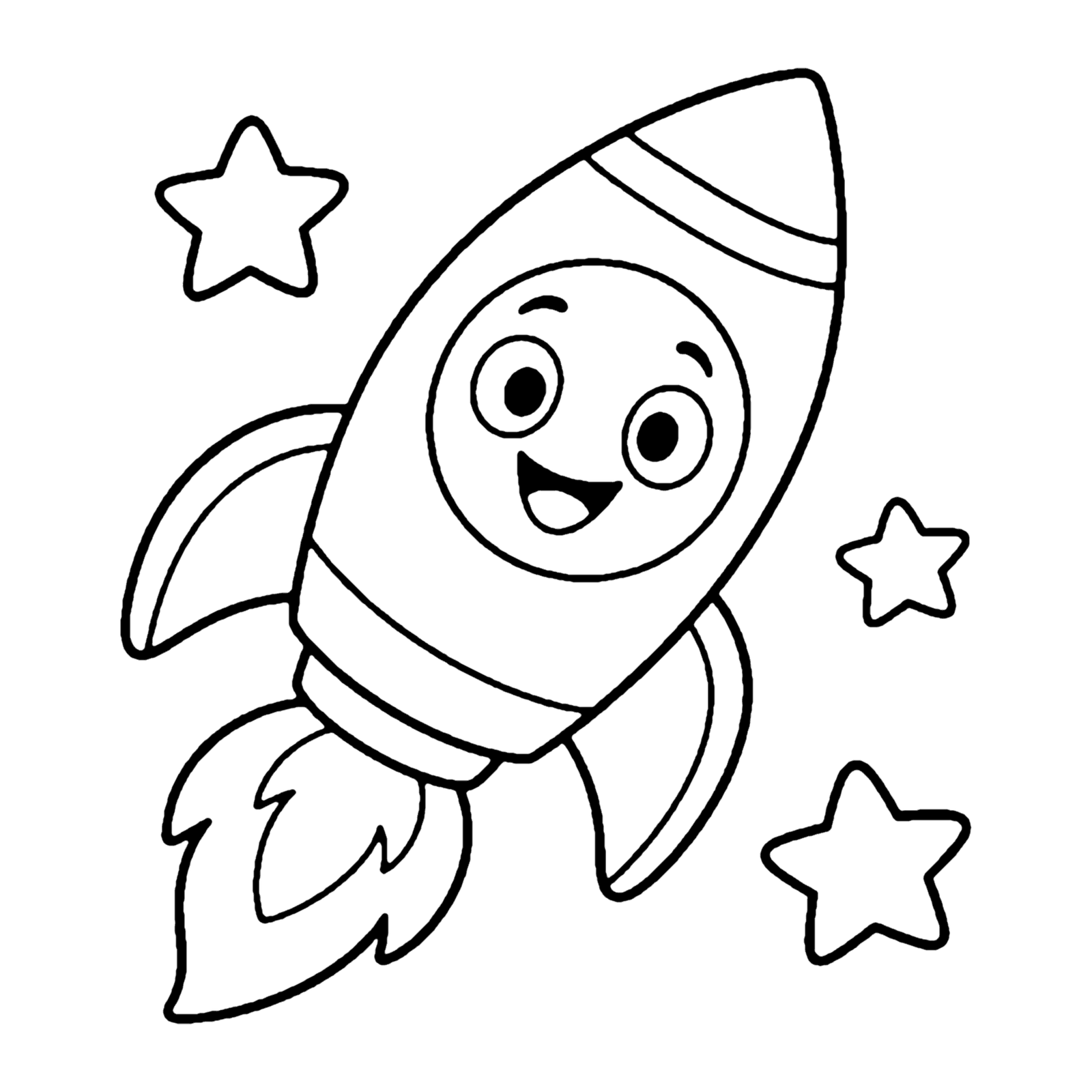 Line drawing of a smiling rocket blasting off with flames at the bottom and stars around it
