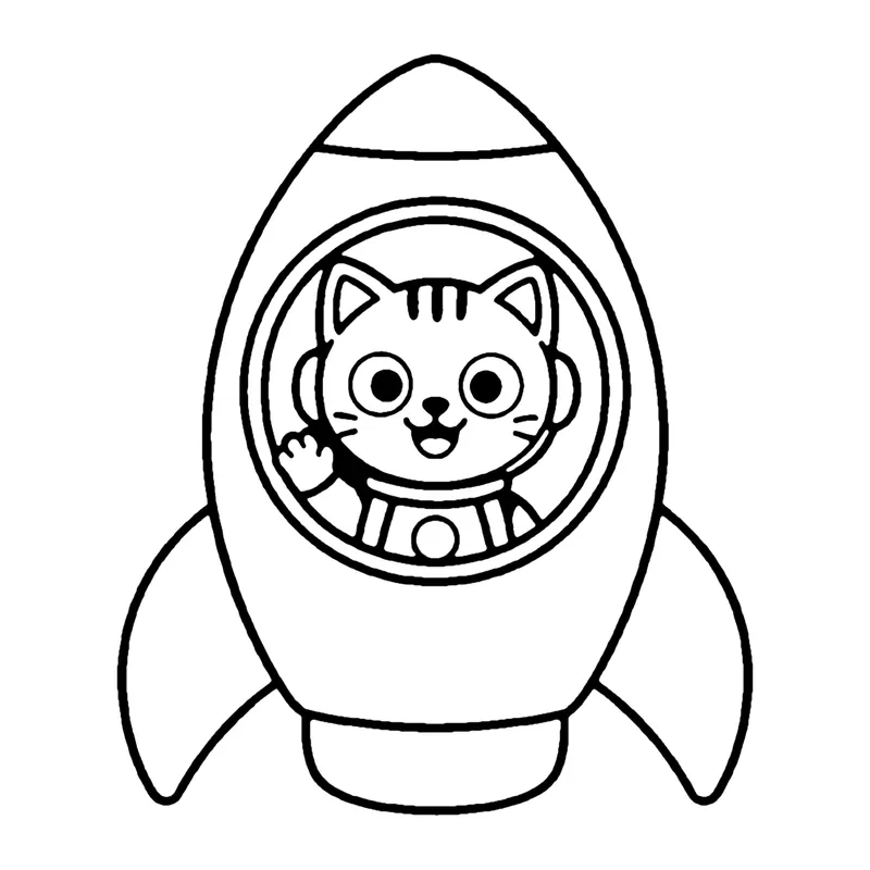Line drawing of a striped kitten waving through the round window of a rocket ship