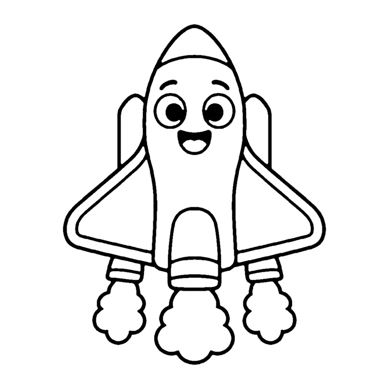 Line drawing of a smiling space shuttle lifting off with puffy smoke clouds below