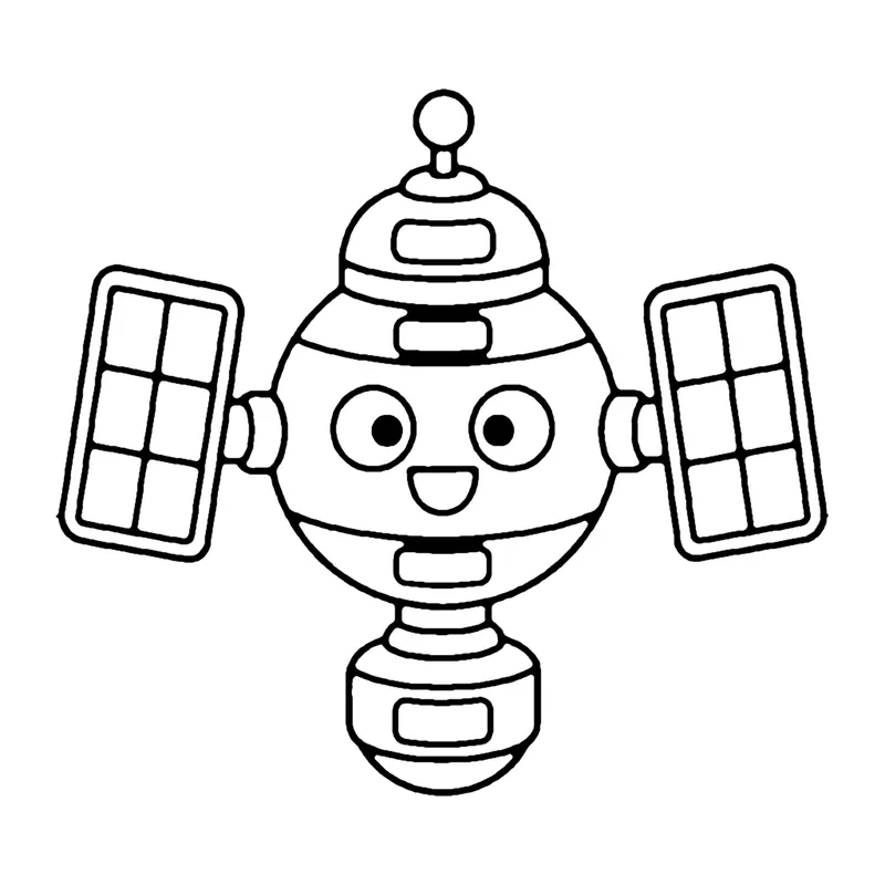 Line drawing of a smiling space station with an antenna and two grid-patterned solar panels