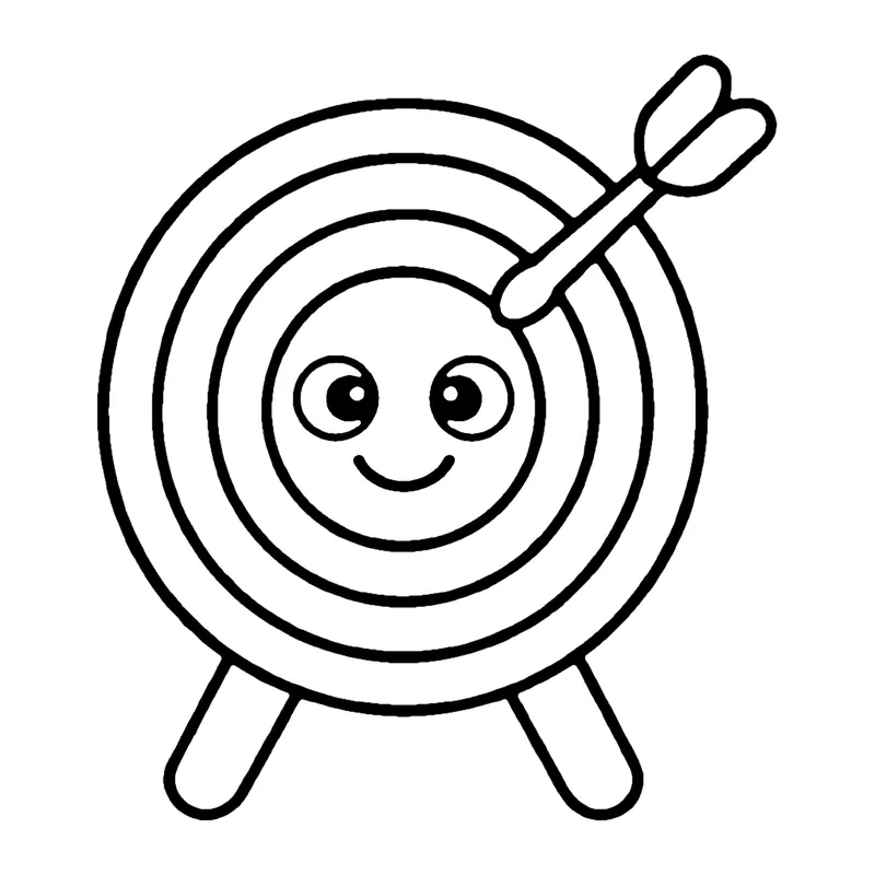 Line drawing of a smiling round archery target on a stand with an arrow in the center