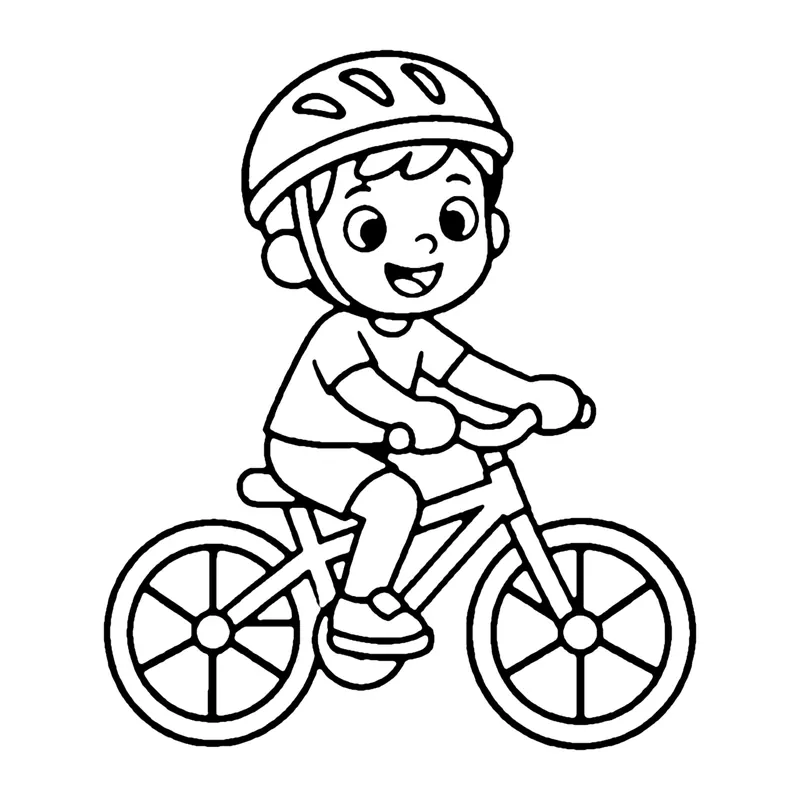 Line drawing of a child in a helmet happily riding a bicycle with spoked wheels