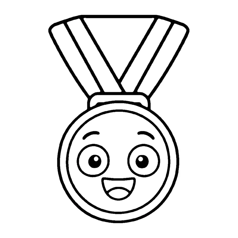 Line drawing of a smiling round medal hanging from a striped ribbon