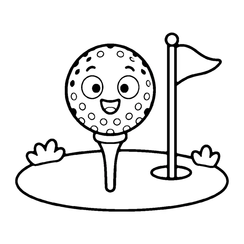 Line drawing of a smiling dimpled golf ball on a tee next to a flag in a hole