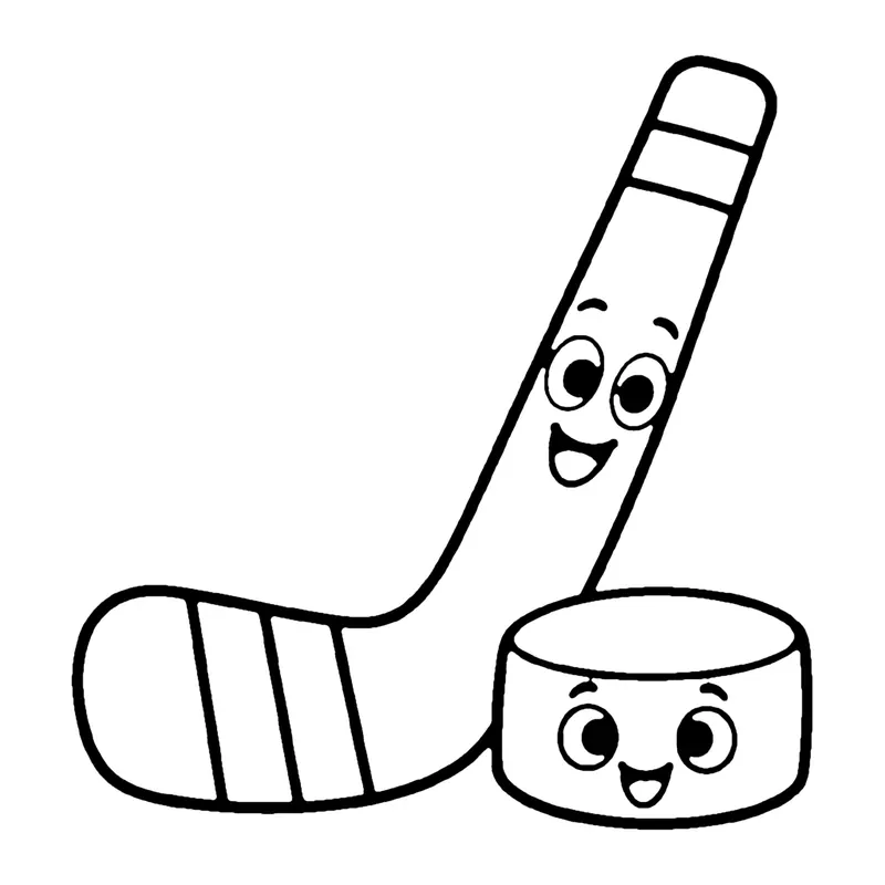 Line drawing of a smiling ice hockey stick with taped blade beside a smiling round puck