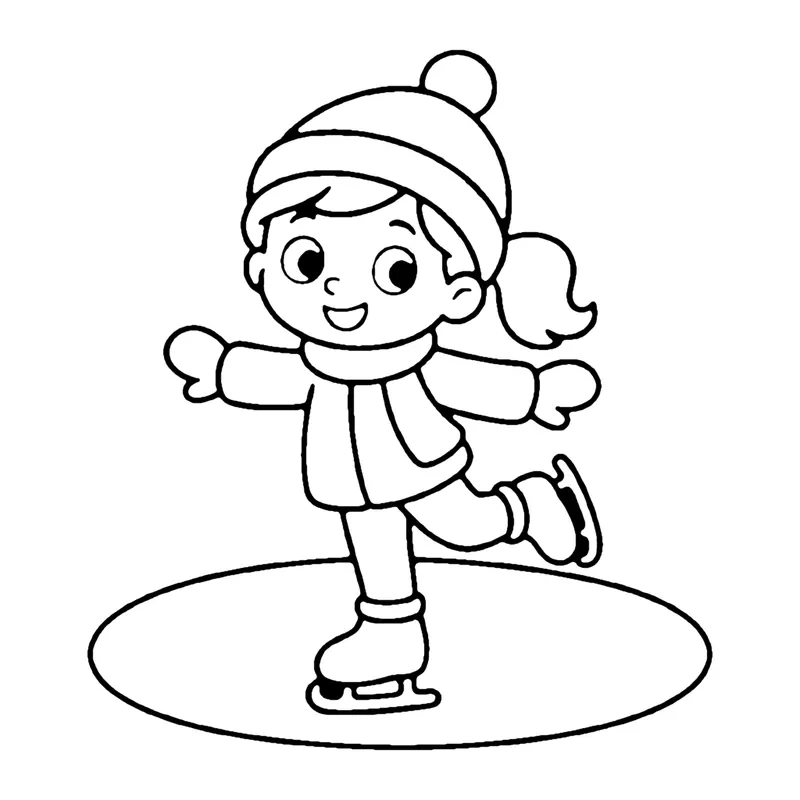 Line drawing of a smiling girl in a knit hat and scarf gliding on ice skates
