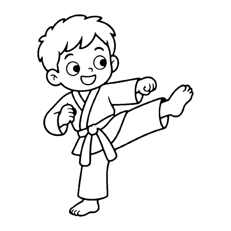 Line drawing of a smiling child in a karate uniform and belt doing a high side kick
