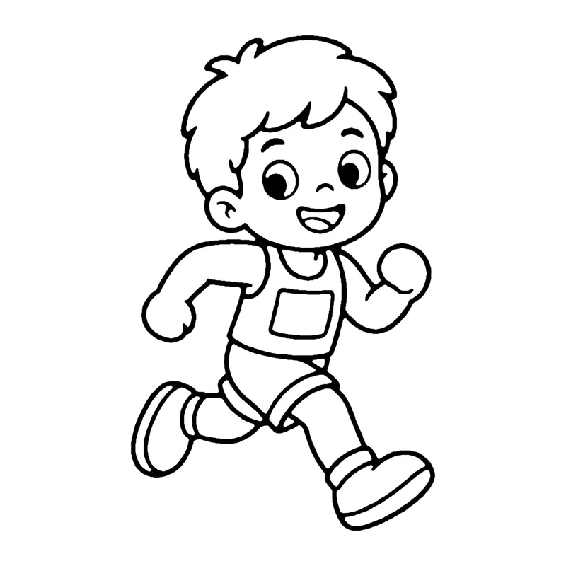 Line drawing of a smiling child running fast wearing a race number on their shirt