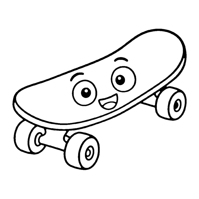 Line drawing of a smiling skateboard with four wheels rolling along