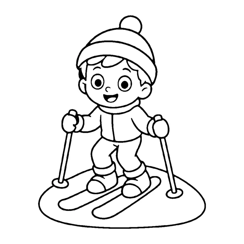 Line drawing of a smiling child in a winter hat and jacket skiing downhill with poles