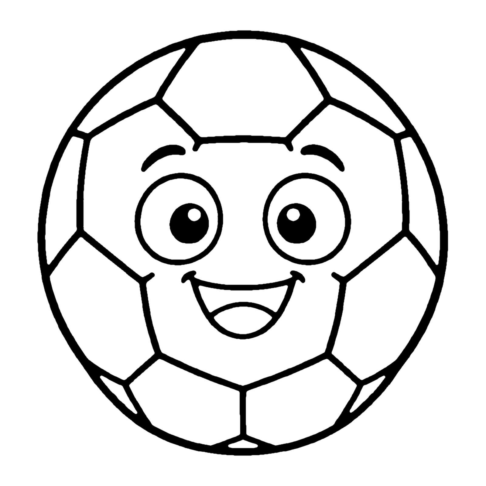 Line drawing of a smiling soccer ball with big eyes and a pattern of patches