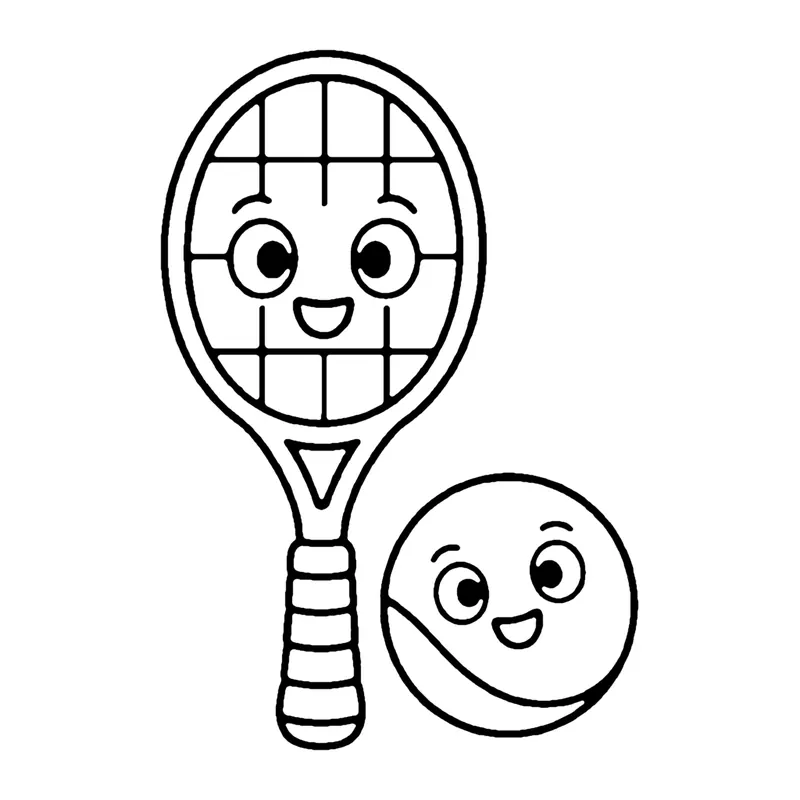 Line drawing of a smiling tennis racket with a criss-cross net and a smiling fuzzy tennis ball
