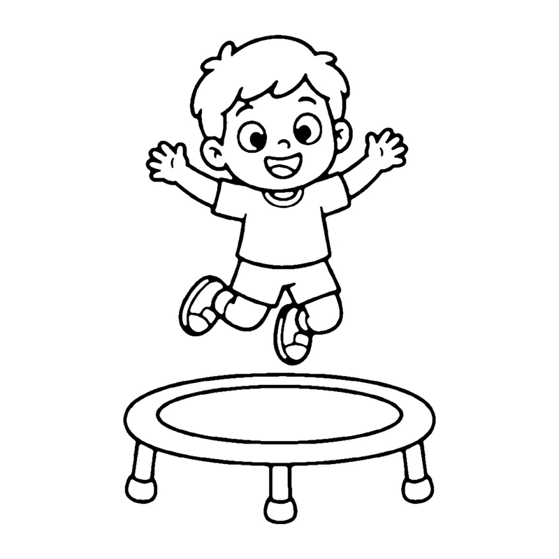Line drawing of a smiling child jumping high above a small round trampoline