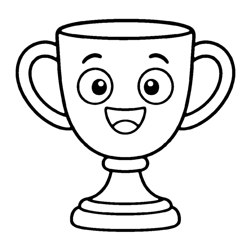 Line drawing of a smiling trophy cup with two handles on a stepped base