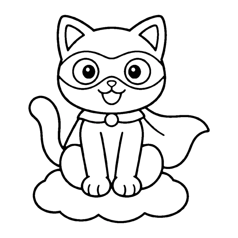 Line drawing of a masked kitten with a cape sitting on a fluffy cloud
