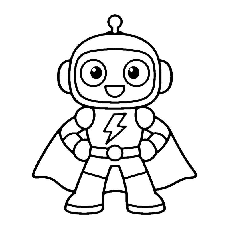 Line drawing of a smiling robot with an antenna, a lightning bolt on its chest and a cape