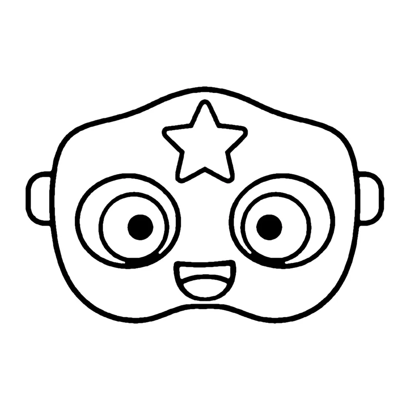 Line drawing of a smiling superhero eye mask with a star at the top and two round eye holes