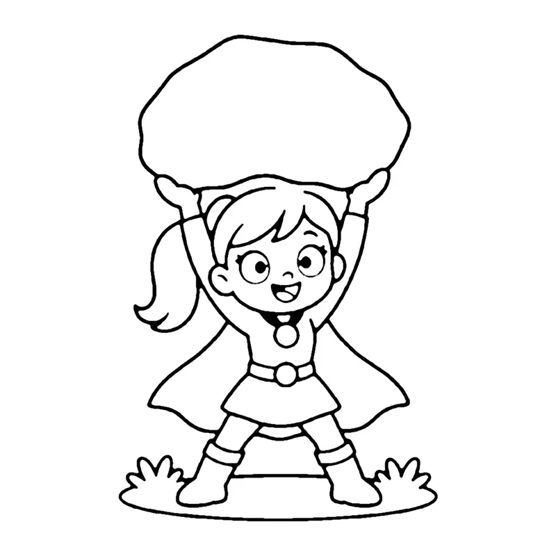 Line drawing of a girl superhero with pigtails and a cape lifting a big rock above her head