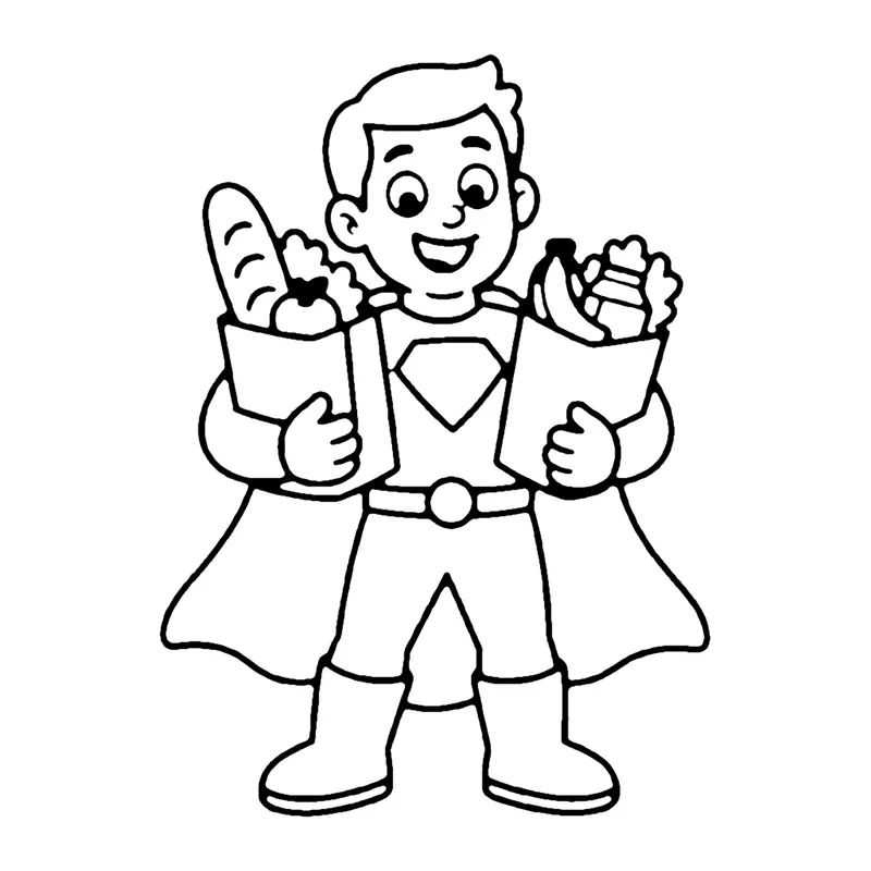 Line drawing of a dad in a superhero mask and cape carrying two full grocery bags