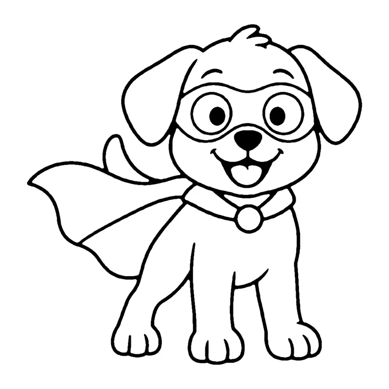 Line drawing of a happy puppy wearing an eye mask and a flowing cape with a round collar badge