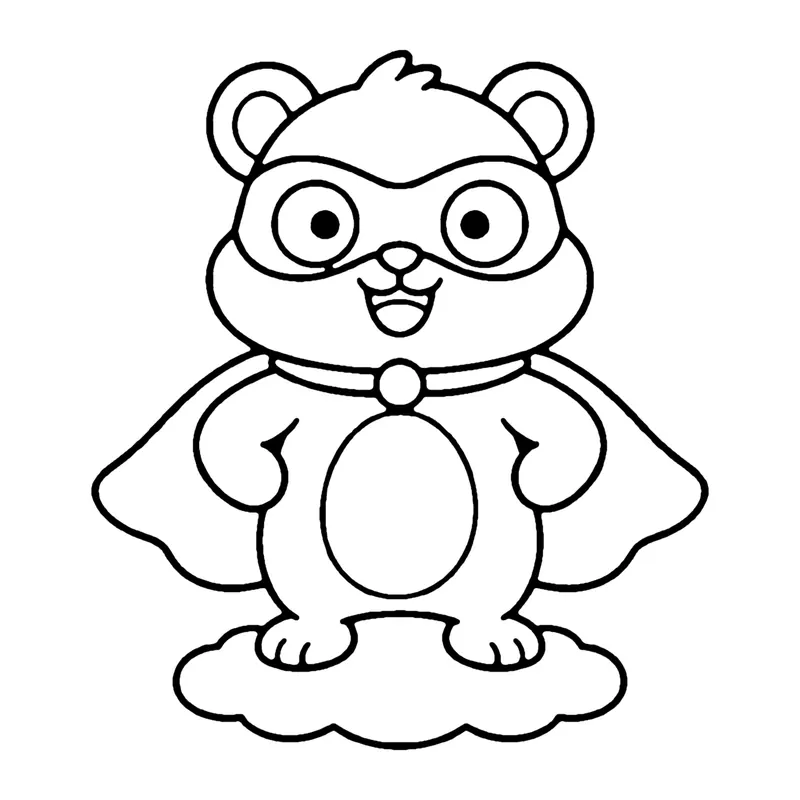 Line drawing of a round hamster in an eye mask and a cape standing on a small cloud
