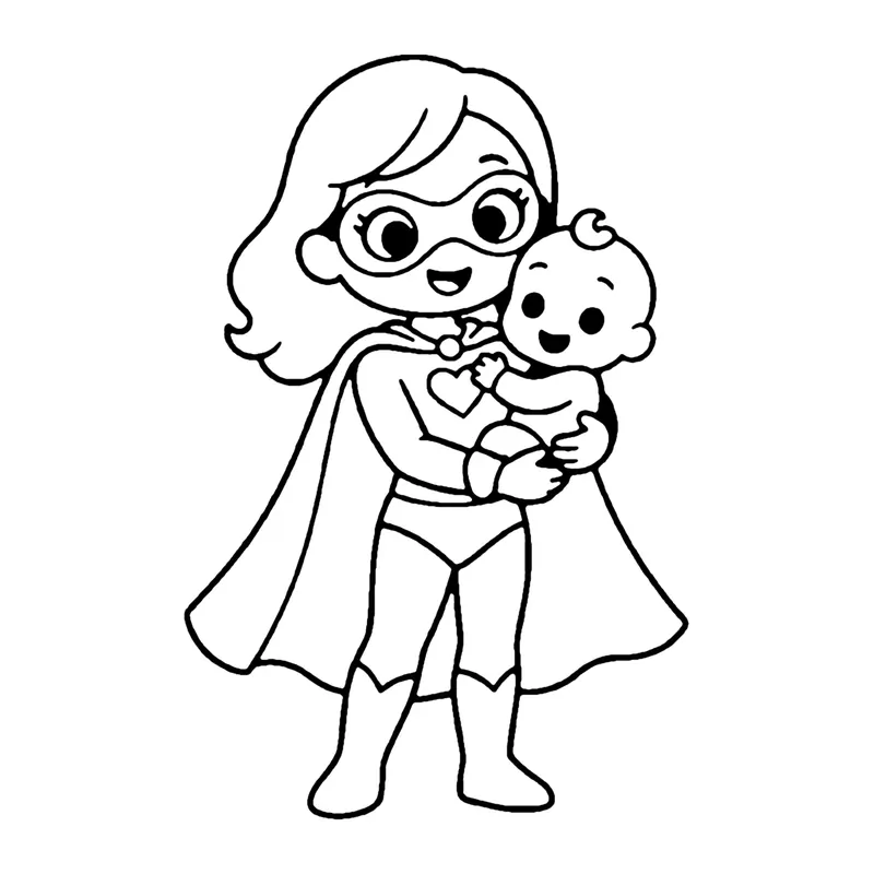 Line drawing of a mom in a superhero mask and cape holding a smiling baby in her arms