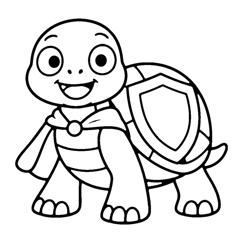 Line drawing of a smiling turtle in a cape with a shield symbol on its patterned shell