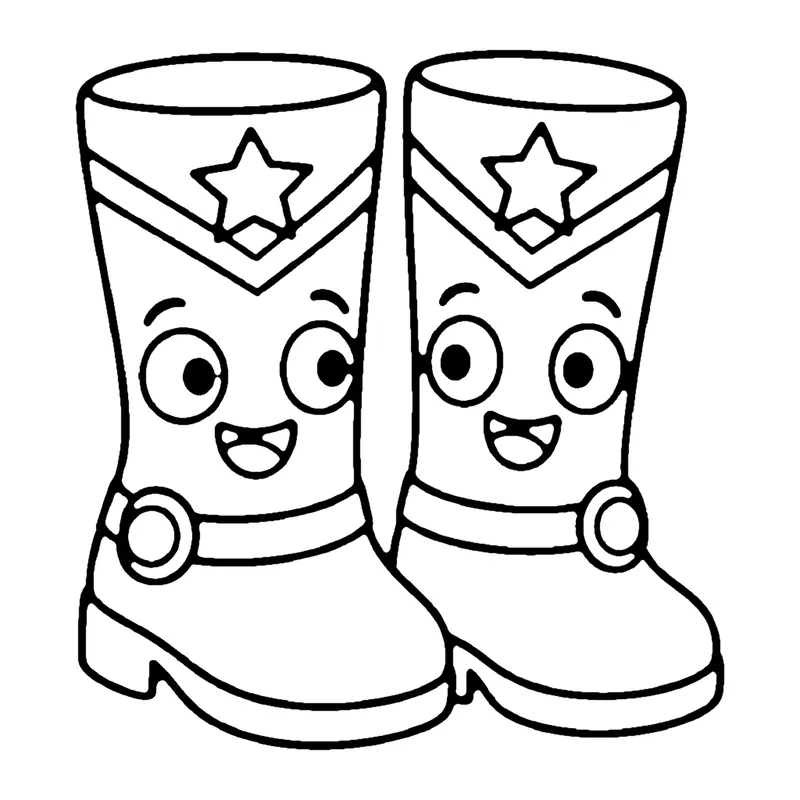 Line drawing of a pair of smiling superhero boots with stars on the tops and buckles at the ankles