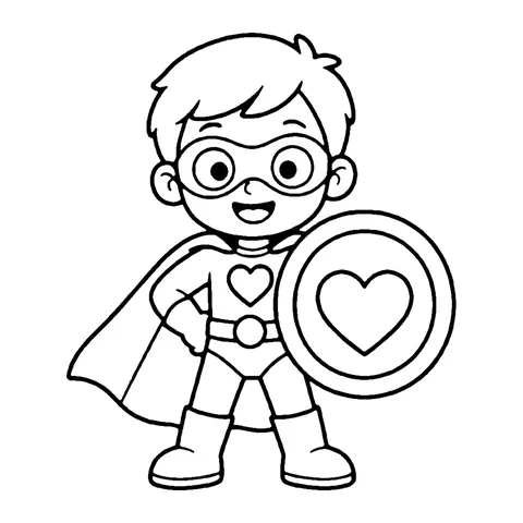Superhero with Heart Shield coloring page