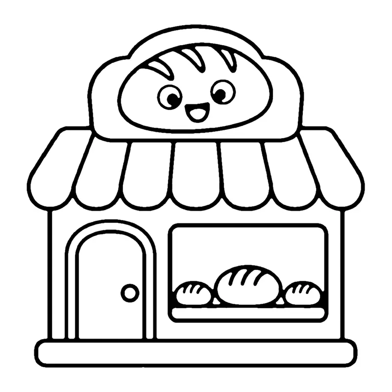 Line drawing of a bakery with a bread-shaped sign, a scalloped awning and loaves in the window