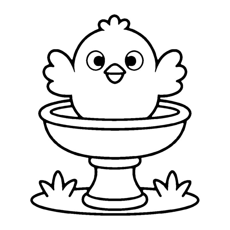 Line drawing of a fluffy little bird sitting in a stone bird bath with grass around the base