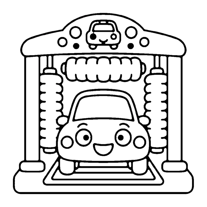 Line drawing of a smiling car inside a car wash with tall spinning brushes and a car sign on top
