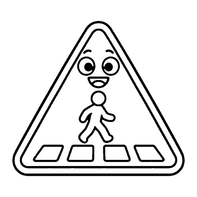 Line drawing of a smiling triangle road sign showing a person walking across stripes