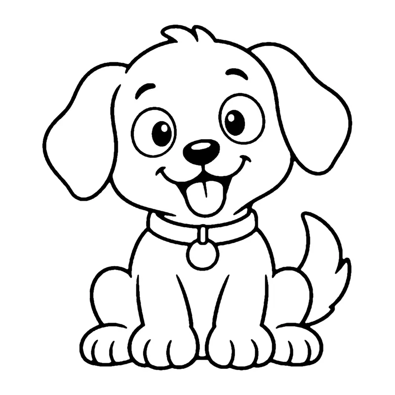 Line drawing of a sitting puppy with floppy ears, a collar with a round tag and its tongue out