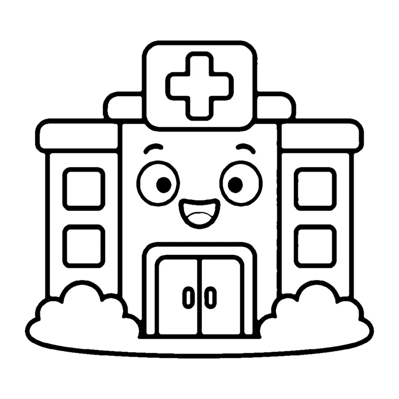 Line drawing of a smiling hospital building with a cross sign on top, windows and double doors
