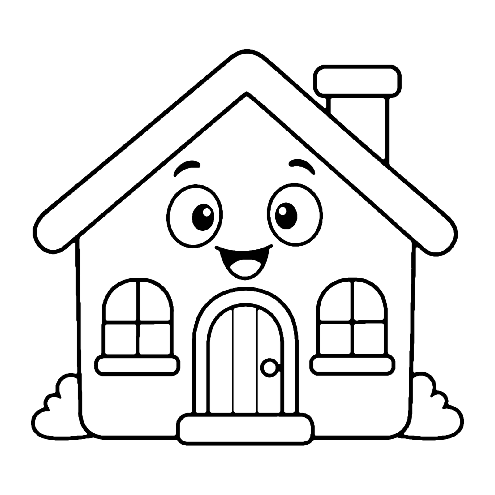 Line drawing of a smiling house with a chimney, two windows and an arched front door