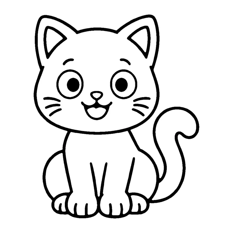 Line drawing of a sitting kitten with pointed ears, whiskers and a curled tail